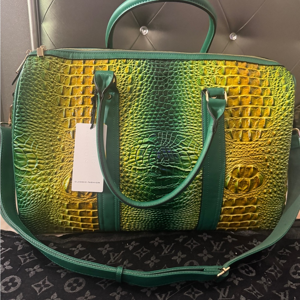 Fashion Bug Green and Yellow Croc-Embossed Travel Bag